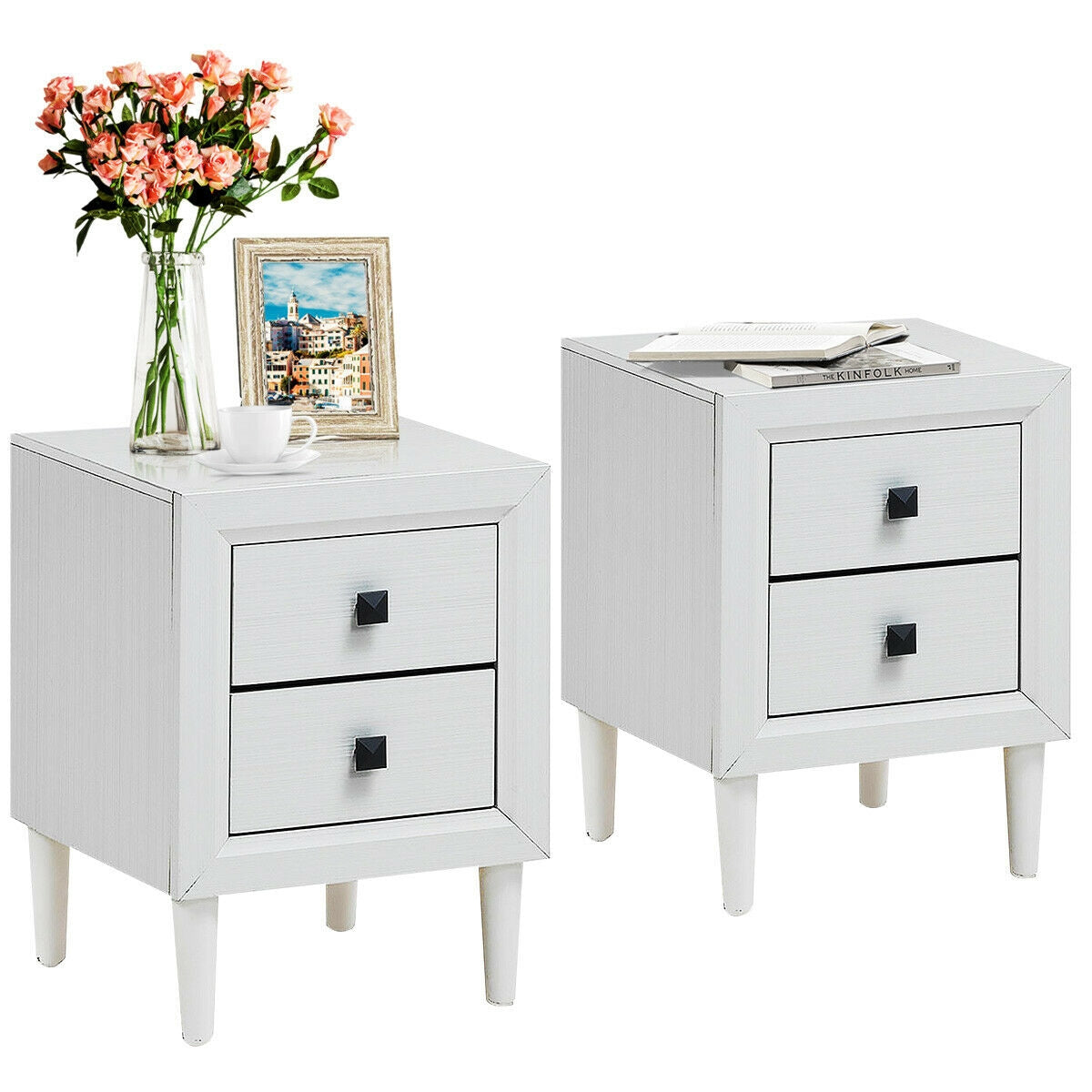 2Pcs Multipurpose Retro Nightstand with 2 Drawers