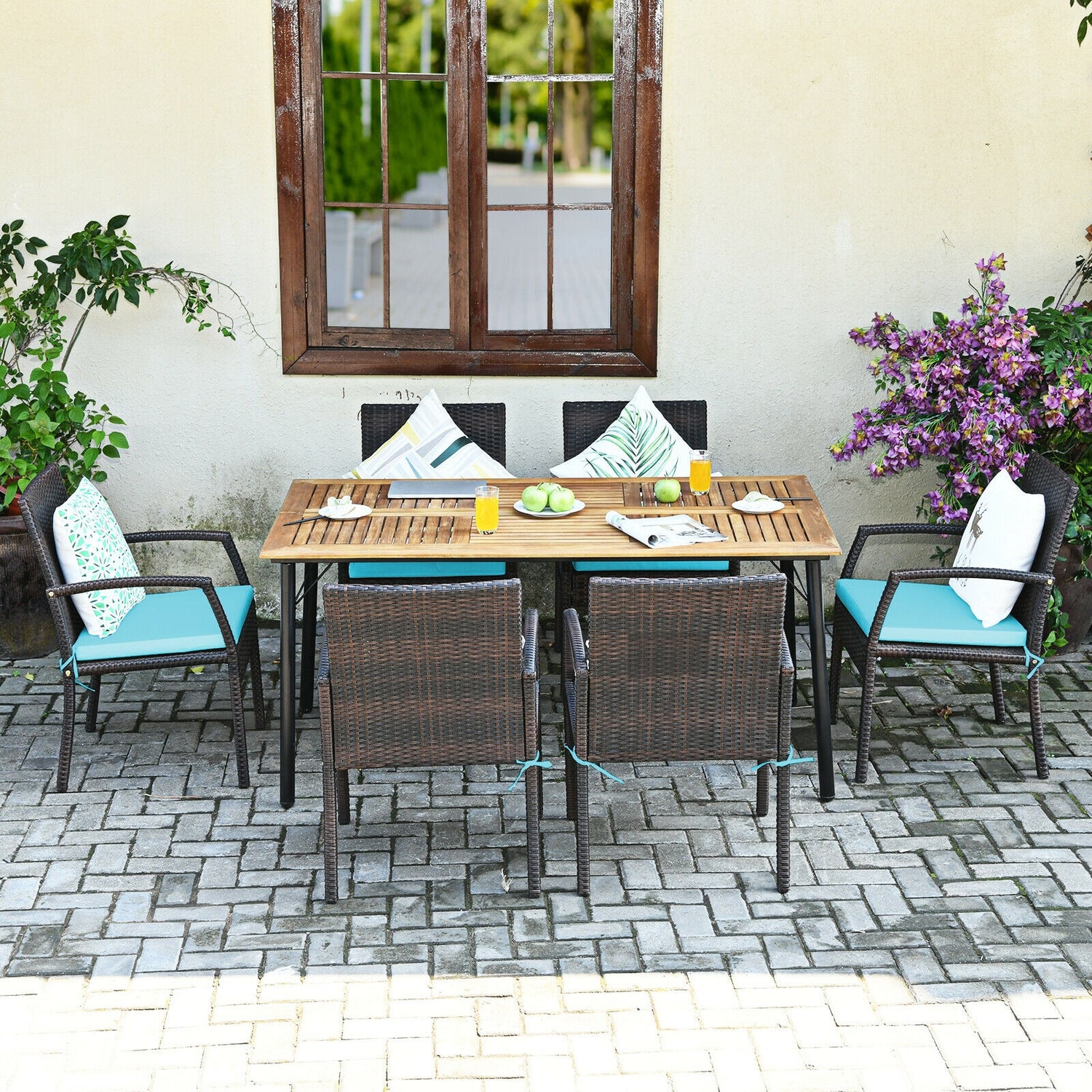 7PCS Patio Rattan Cushioned Dining Set with Umbrella Hole