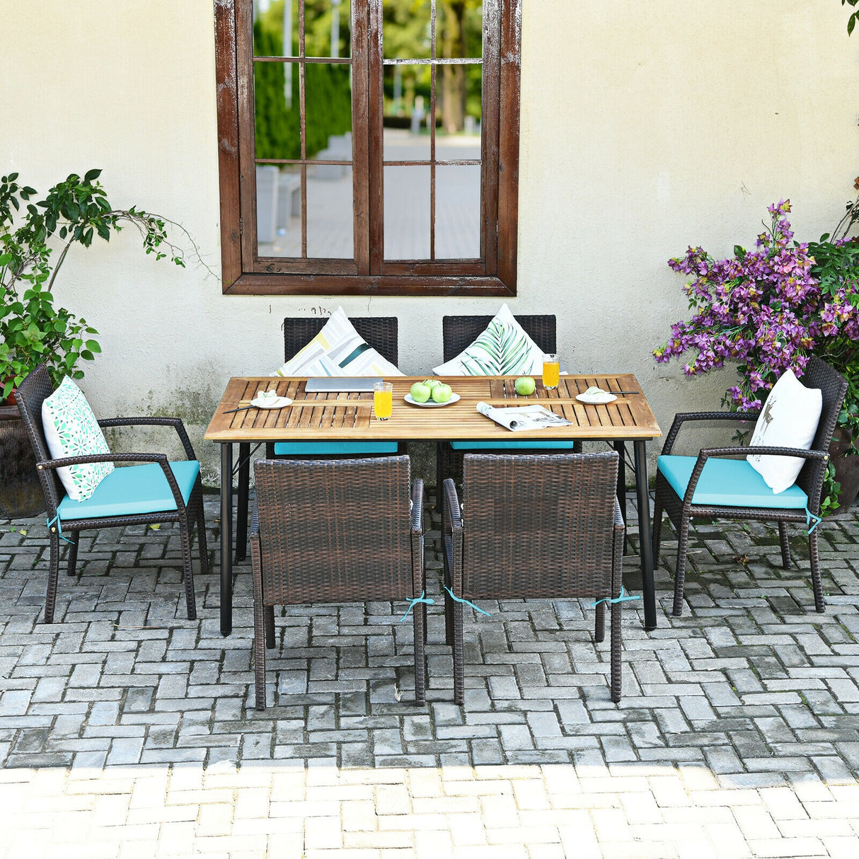 7PCS Patio Rattan Cushioned Dining Set with Umbrella Hole