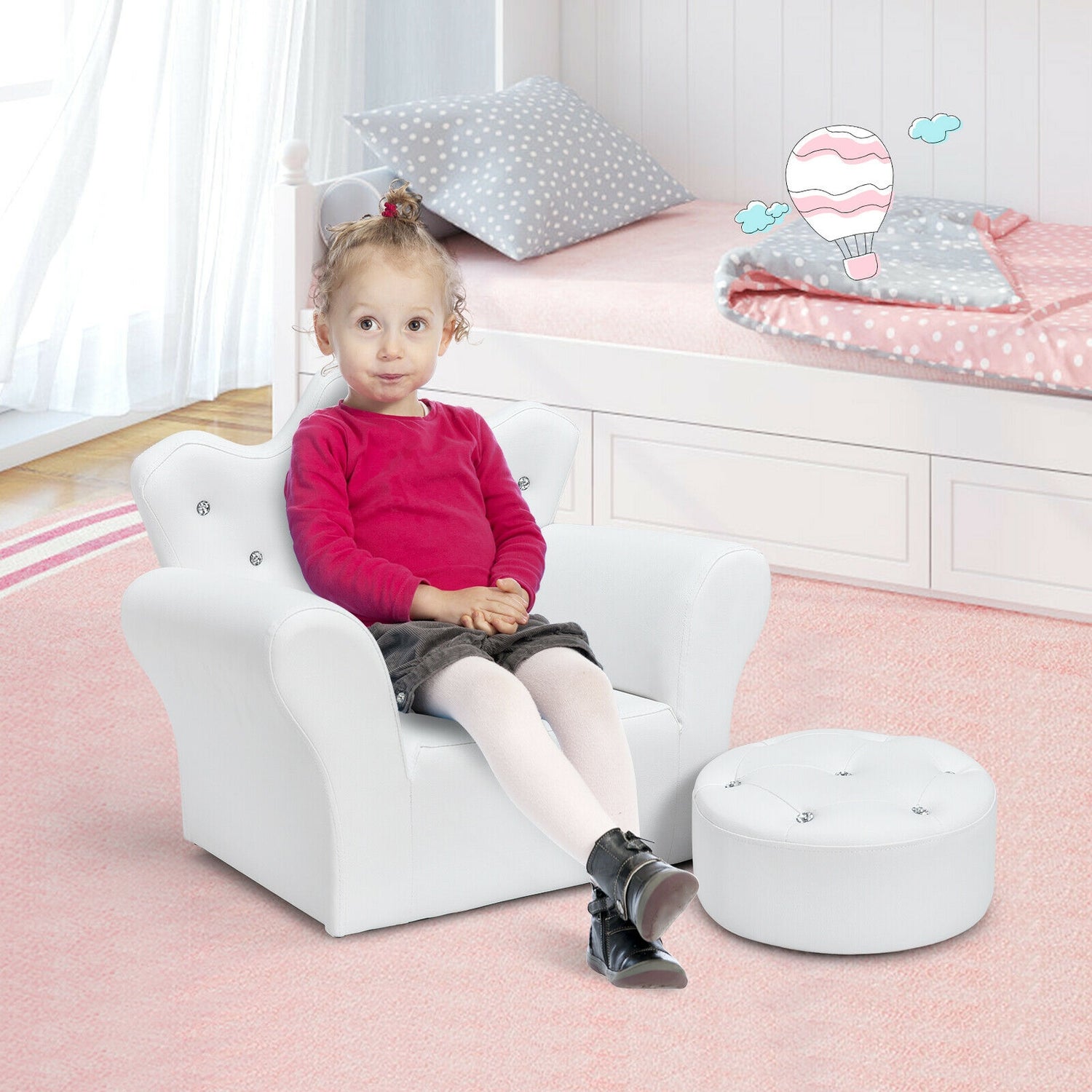 Pink Kids Sofa Armrest Couch with Ottoman