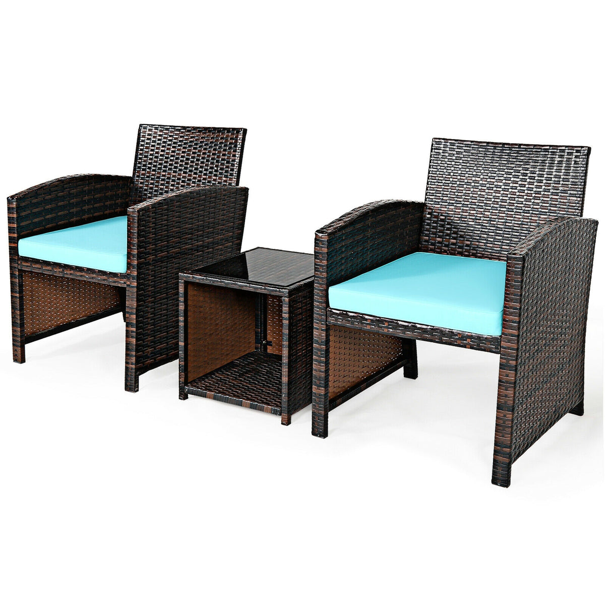 3 Pieces PE Rattan Wicker Furniture Set with Cushion Sofa Coffee Table for Garden