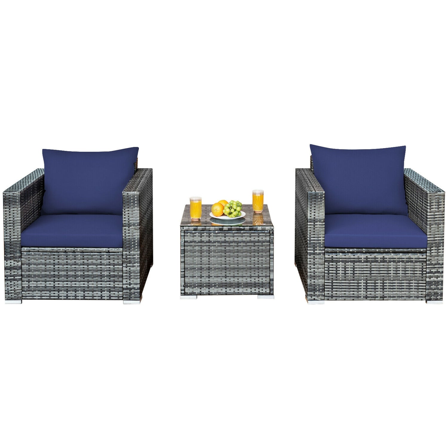 3 Pcs Patio Rattan Furniture Bistro Sofa Set with Cushioned