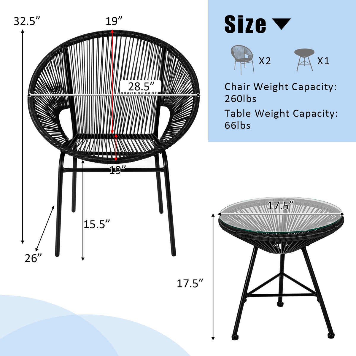 3PCS Patio Acapulco Furniture Bistro Set with GlassTable