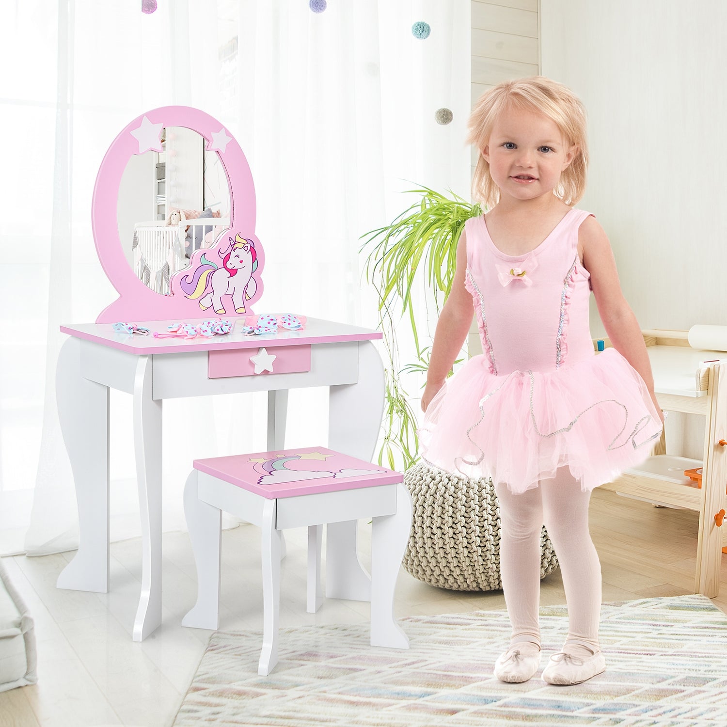 Kids Wooden Makeup Dressing Table and Chair Set with Mirror and Drawer