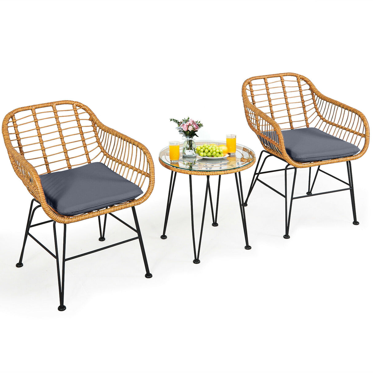 3 Pieces Rattan Furniture Set with Cushioned Chair Table