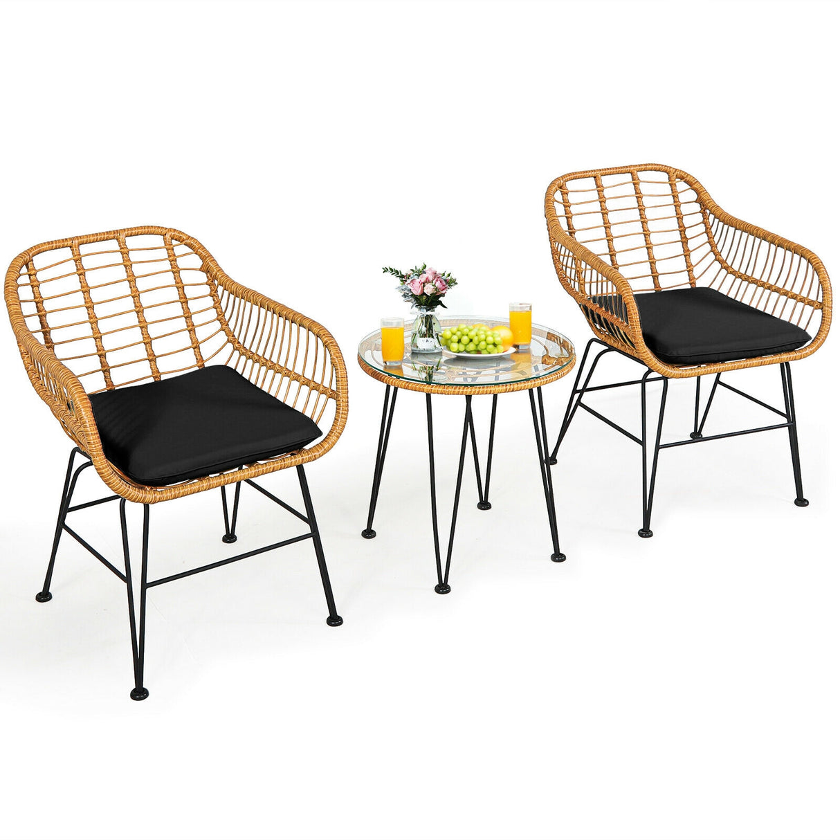 3 Pieces Rattan Furniture Set with Cushioned Chair Table