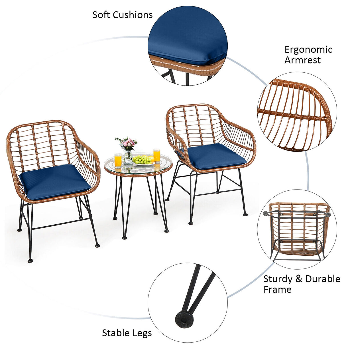 3 Pieces Patio Rattan Bistro Set with Cushion