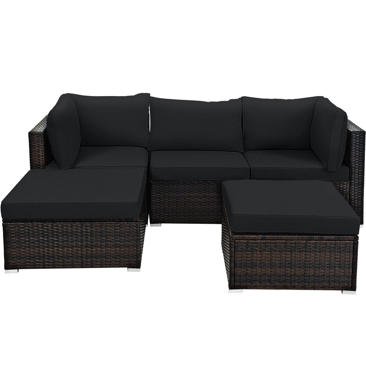 5 Pieces Patio Rattan Sectional Conversation Ottoman Furniture Set