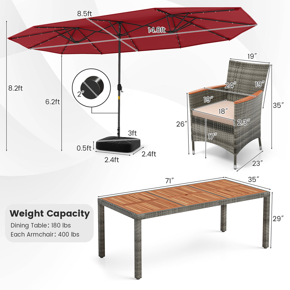11 Pieces Patio Dining Set with 15 Feet Double-Sided Patio Umbrella Base Included