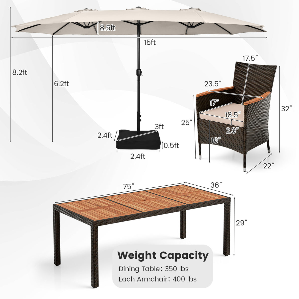 11 Pieces Patio Dining Set with 15 Feet Double-Sided Patio Umbrella and Base