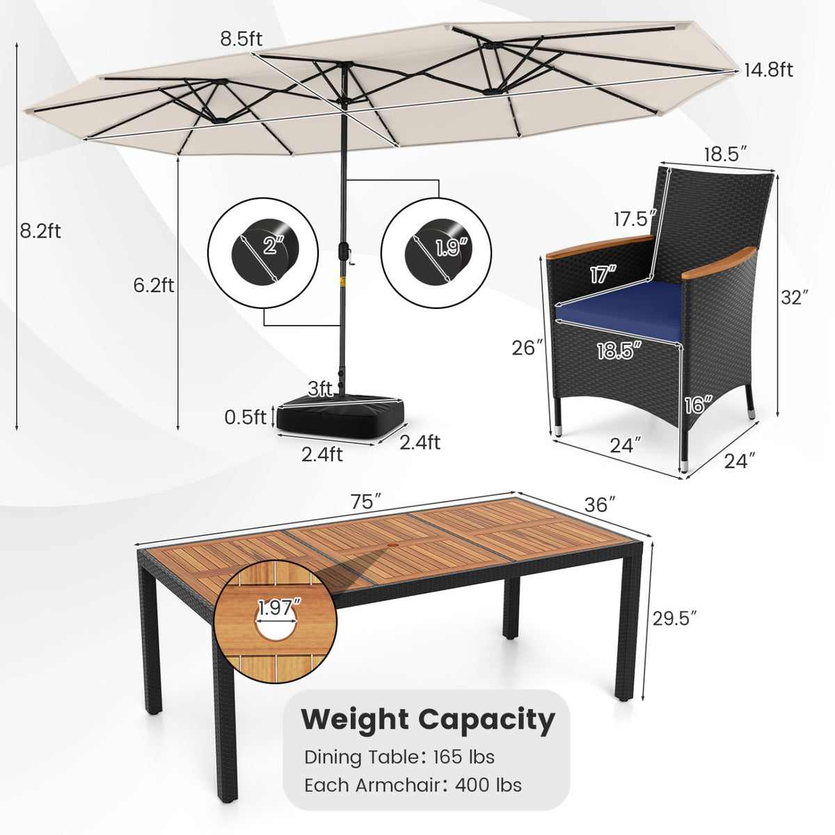 11 Pieces Patio Dining Set with LED Patio Umbrella with Base and Seat Cushions (Navy)