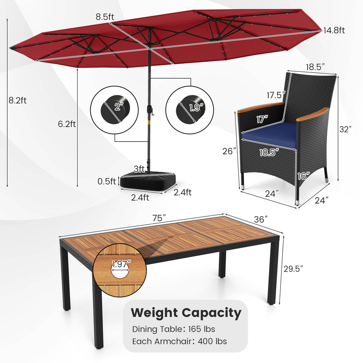 11 Pieces Patio Dining Set with LED Patio Umbrella with Base and Seat Cushions (Navy)