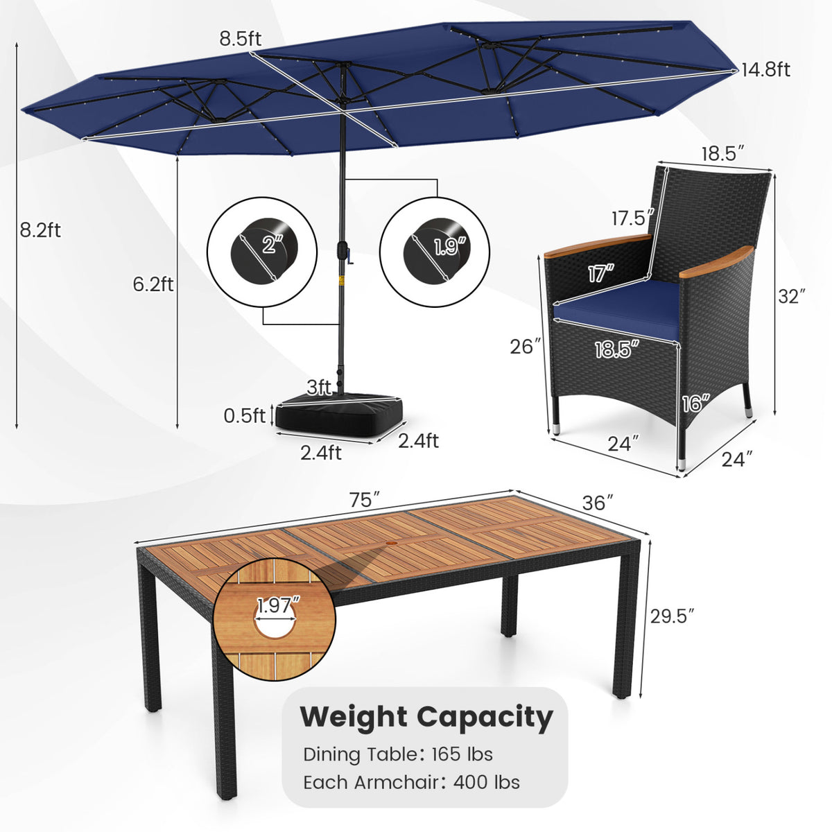 11 Pieces Patio Dining Set with LED Patio Umbrella with Base and Seat Cushions (Navy)