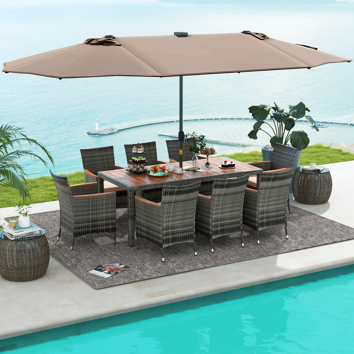 11 Pieces Patio Dining Set with 15 Feet Double-Sided Patio Umbrella Base Included