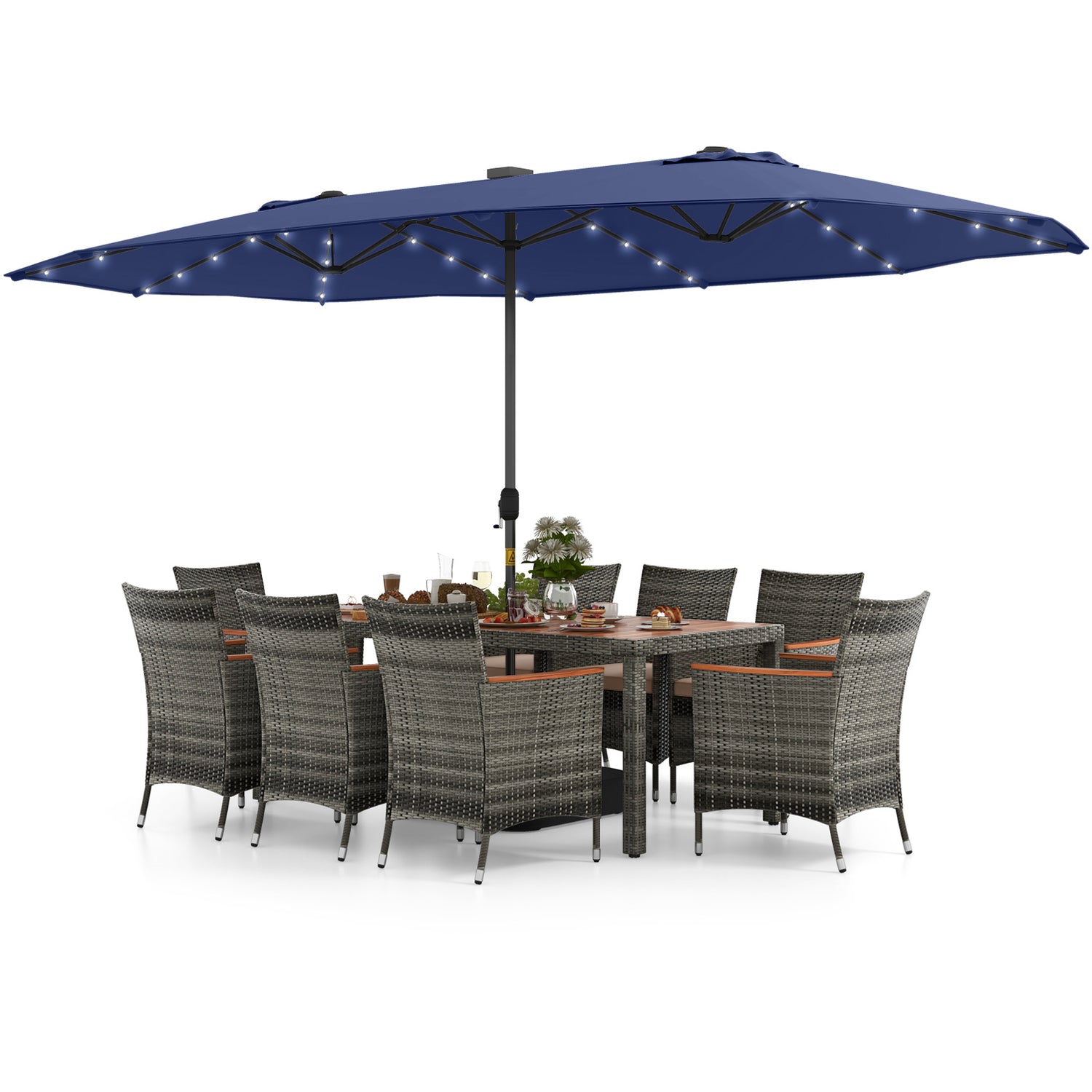 11 Pieces Patio Dining Set with 15 Feet Double-Sided Patio Umbrella Base Included