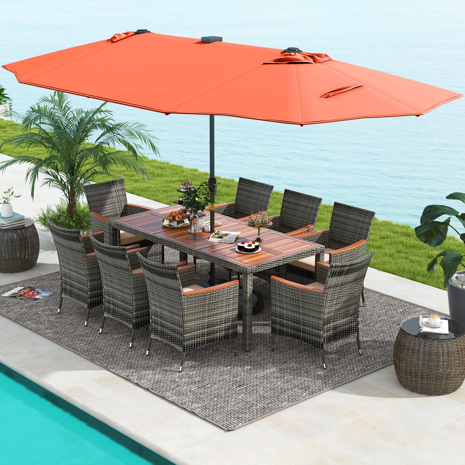 11 Pieces Patio Dining Set with 15 Feet Double-Sided Patio Umbrella Base Included