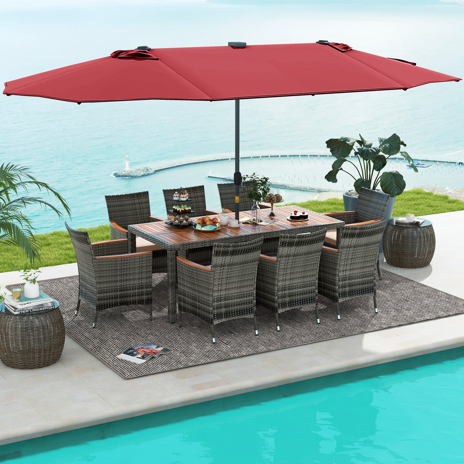 11 Pieces Patio Dining Set with 15 Feet Double-Sided Patio Umbrella Base Included
