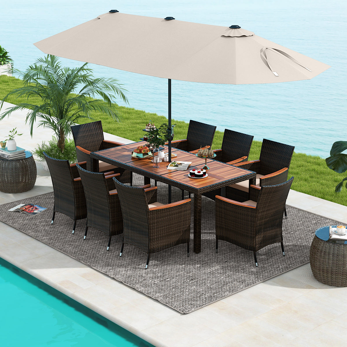 11 Pieces Patio Dining Set with 15 Feet Double-Sided Patio Umbrella and Base