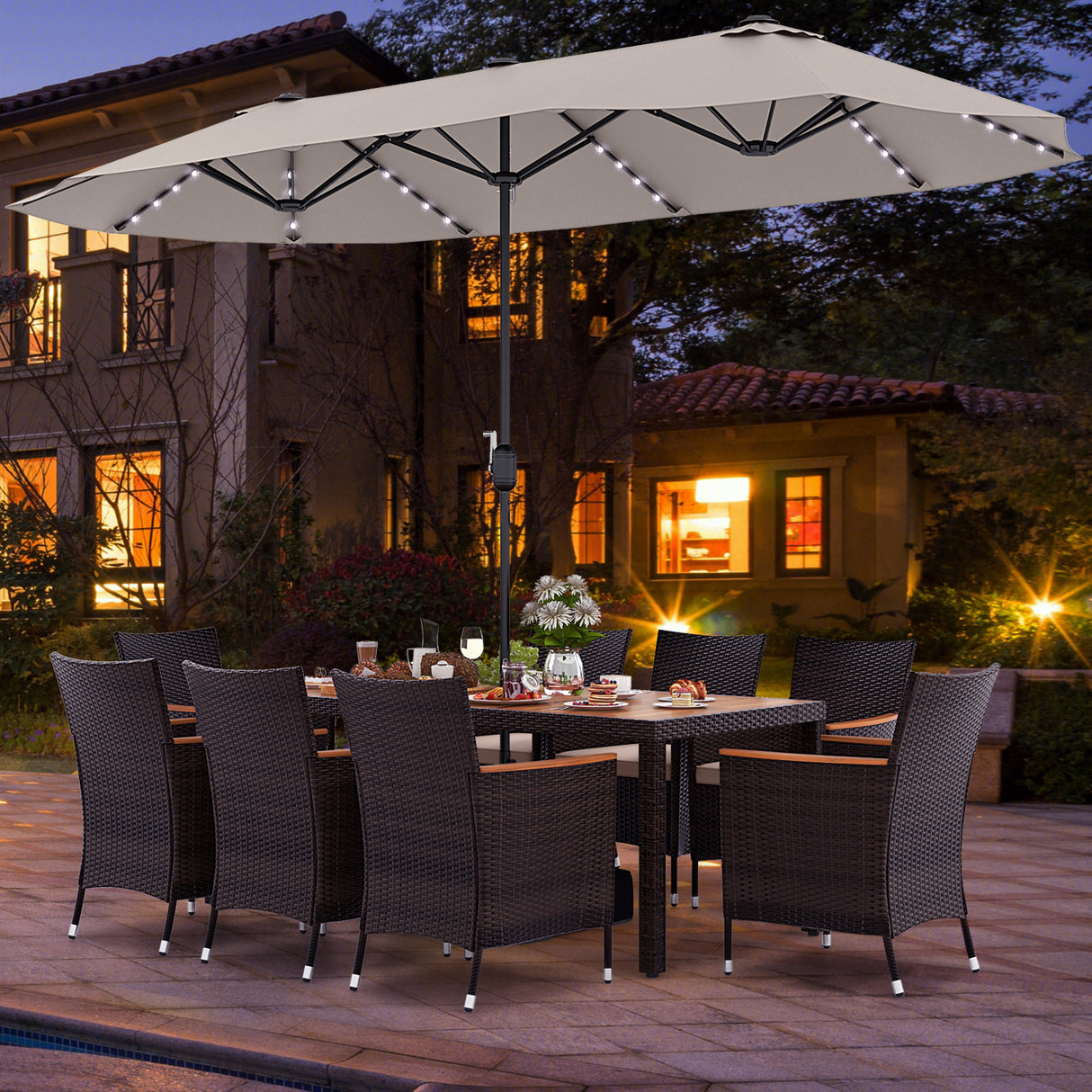 11 Pieces Patio Dining Set with 15 Feet Double-Sided Patio Umbrella and Base