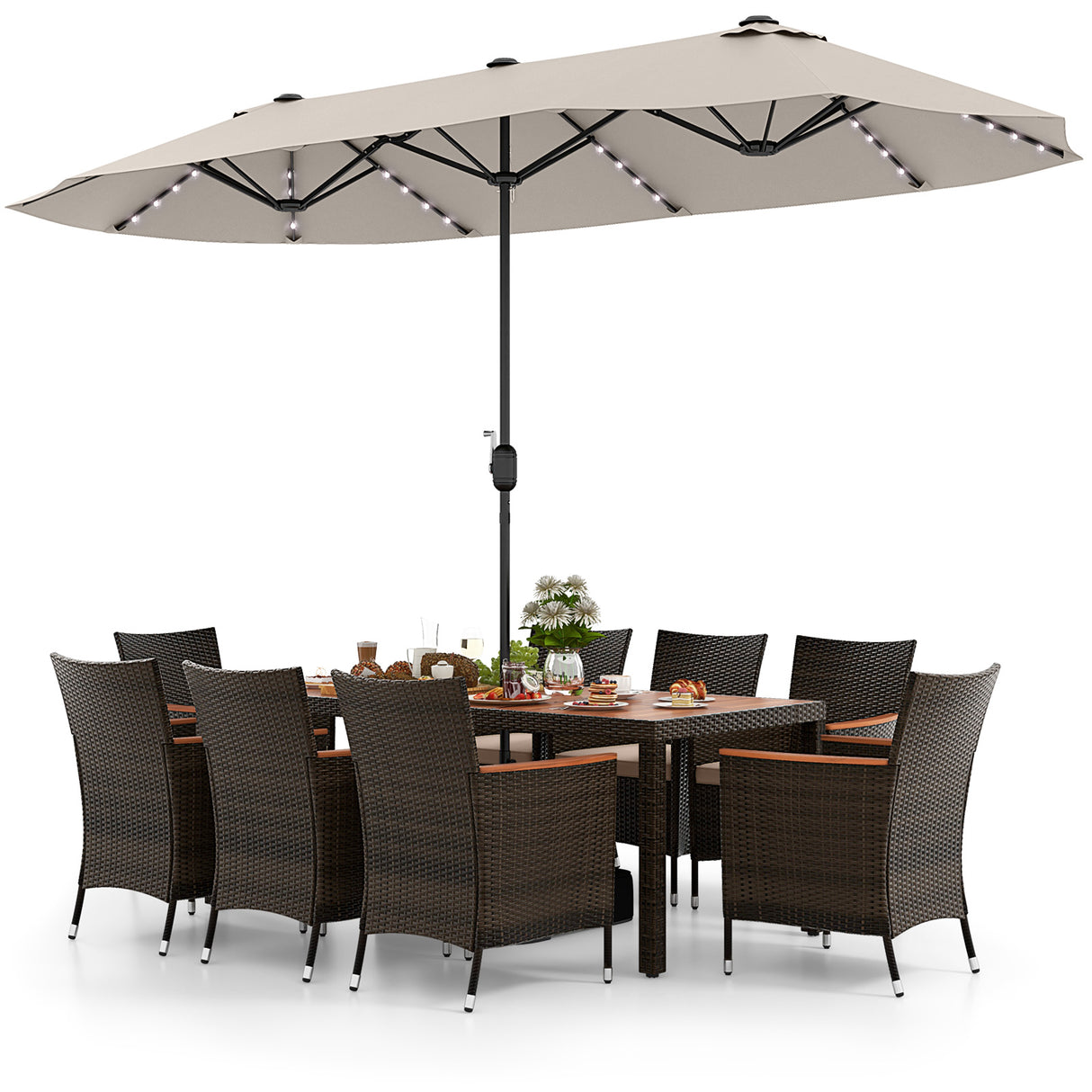 11 Pieces Patio Dining Set with 15 Feet Double-Sided Patio Umbrella and Base