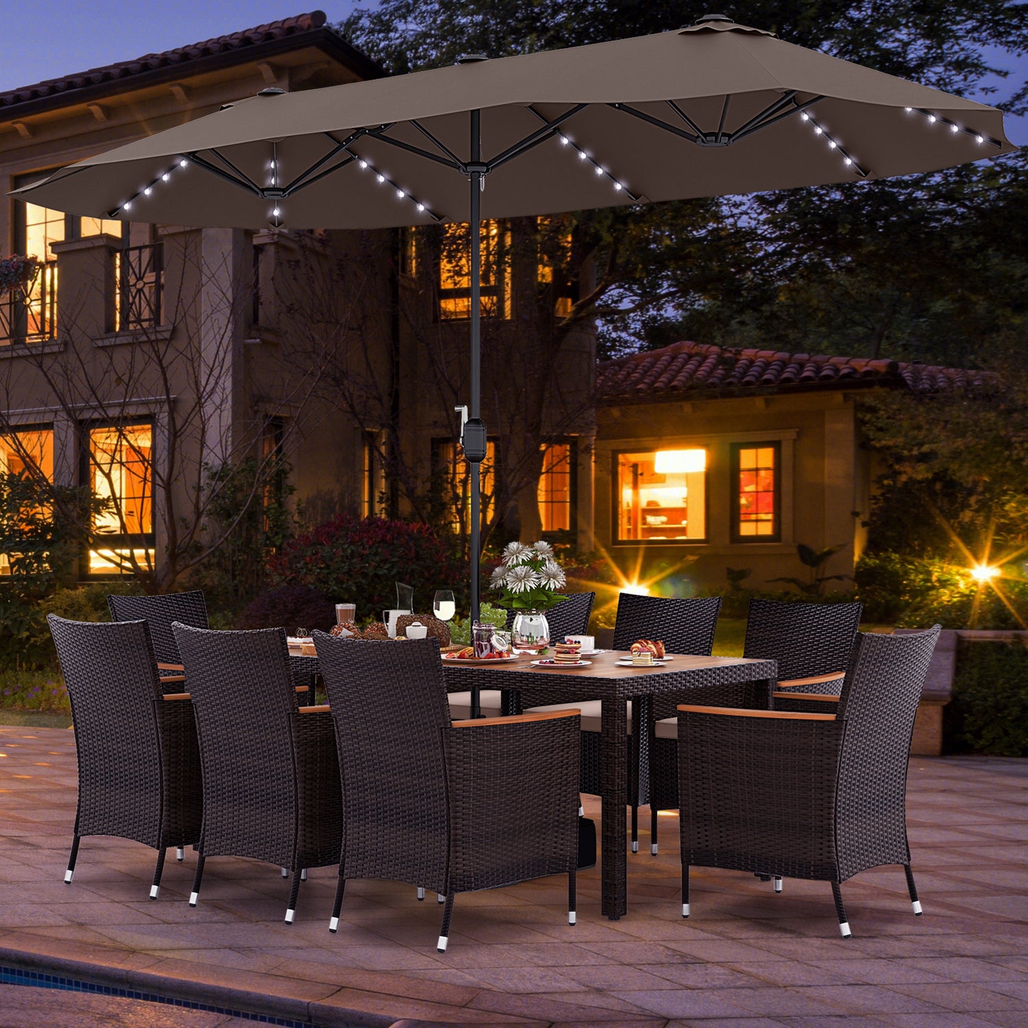 11 Pieces Patio Dining Set with 15 Feet Double-Sided Patio Umbrella and Base