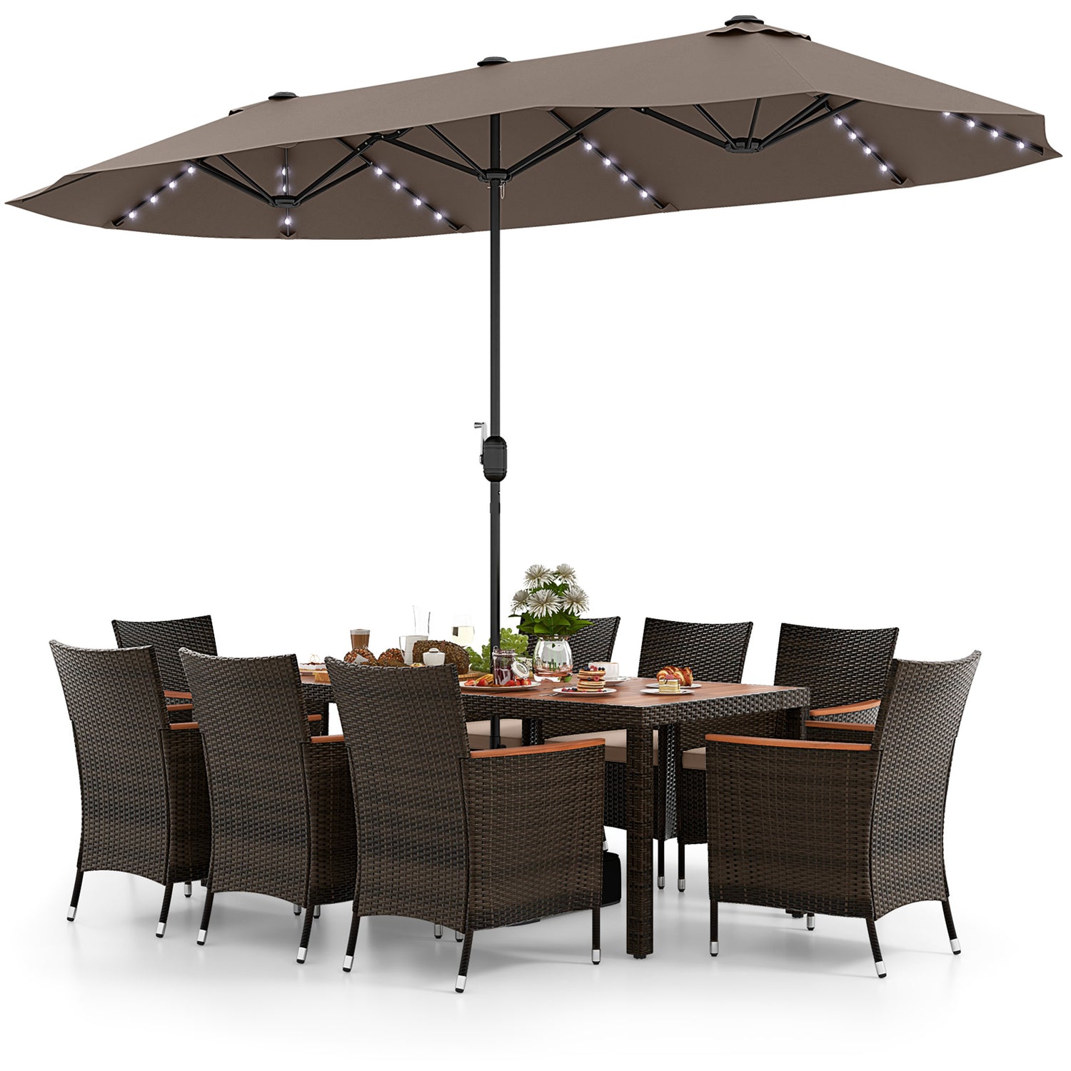 11 Pieces Patio Dining Set with 15 Feet Double-Sided Patio Umbrella and Base