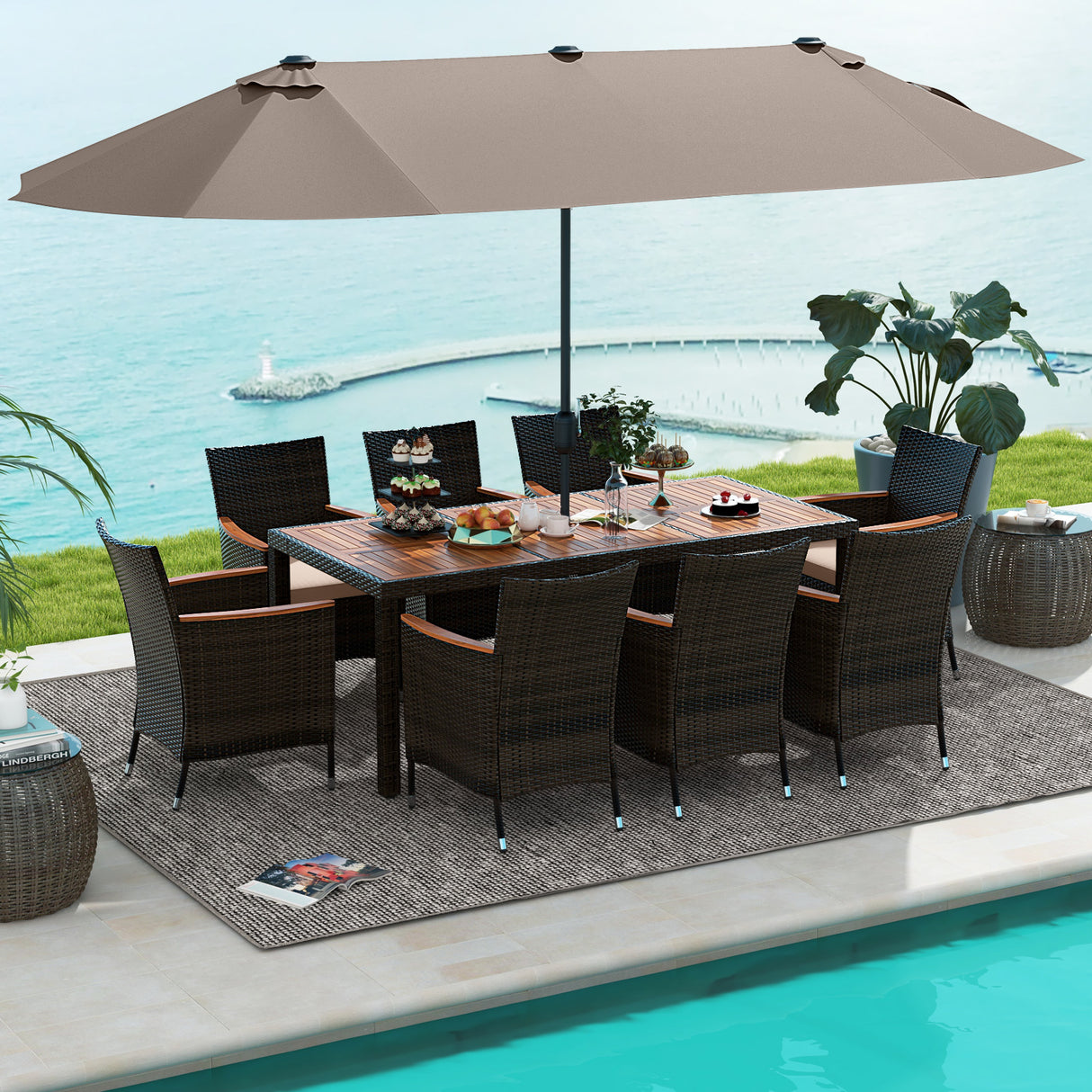 11 Pieces Patio Dining Set with 15 Feet Double-Sided Patio Umbrella and Base