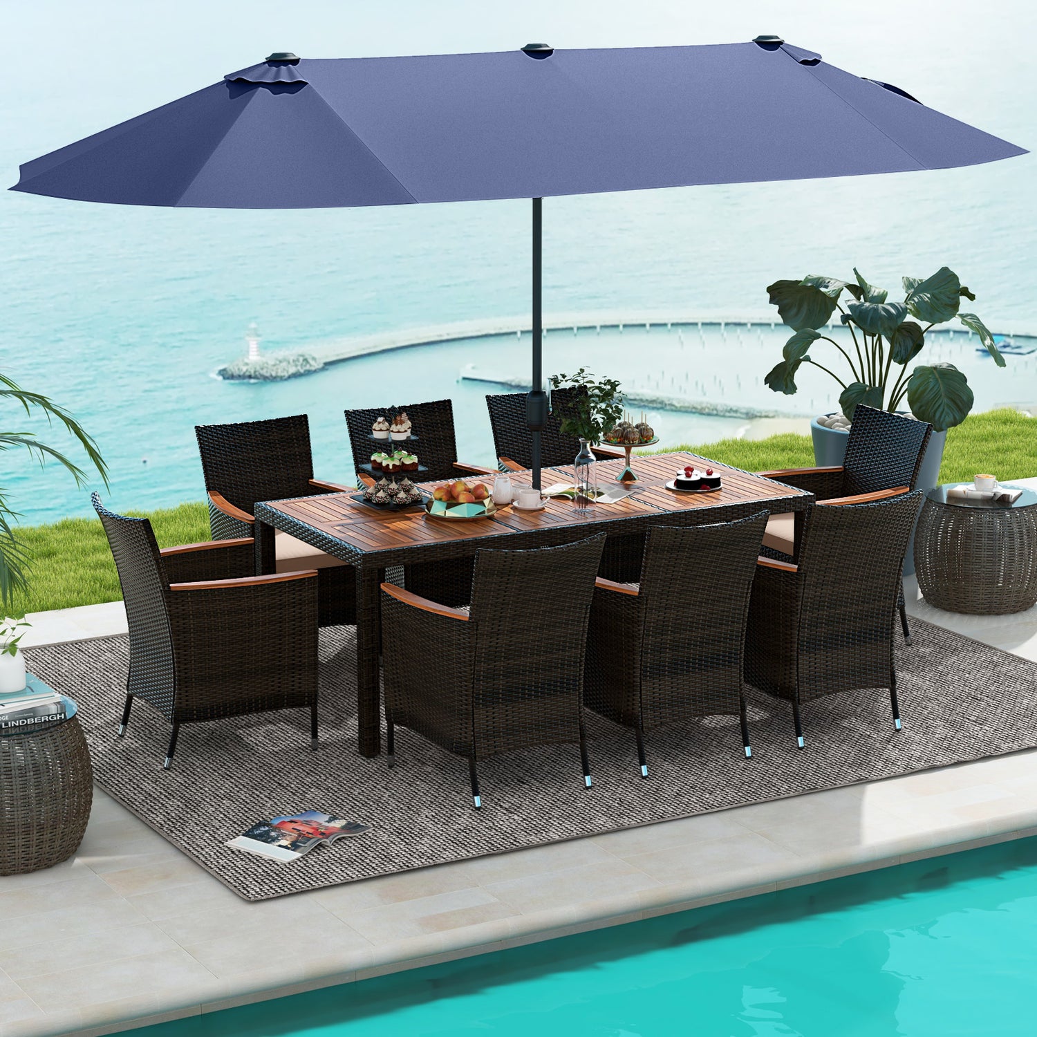 11 Pieces Patio Dining Set with 15 Feet Double-Sided Patio Umbrella and Base