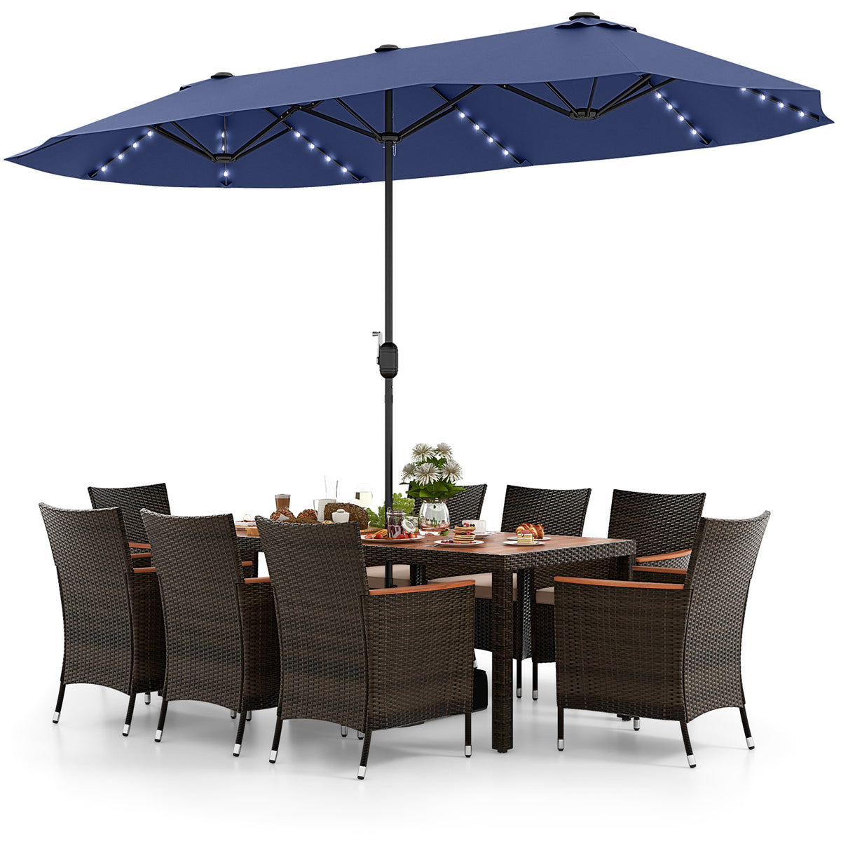 11 Pieces Patio Dining Set with 15 Feet Double-Sided Patio Umbrella and Base