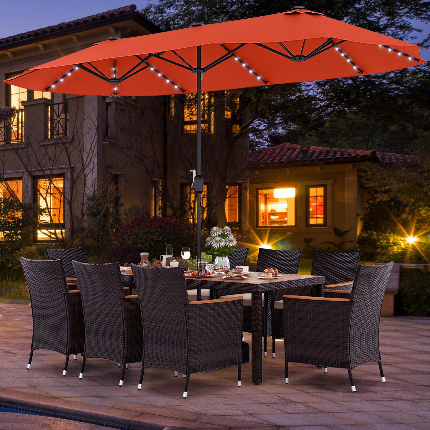 11 Pieces Patio Dining Set with 15 Feet Double-Sided Patio Umbrella and Base