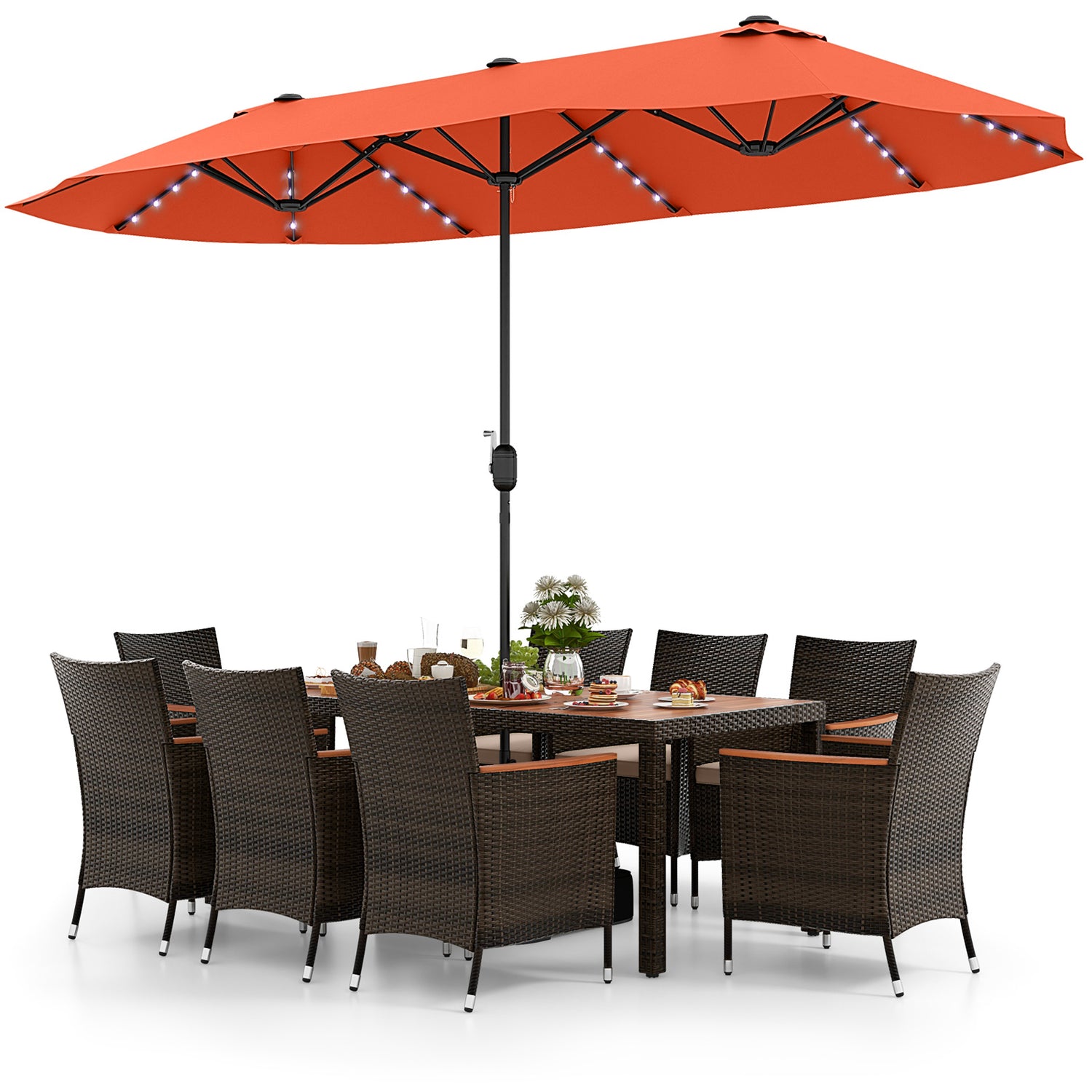11 Pieces Patio Dining Set with 15 Feet Double-Sided Patio Umbrella and Base