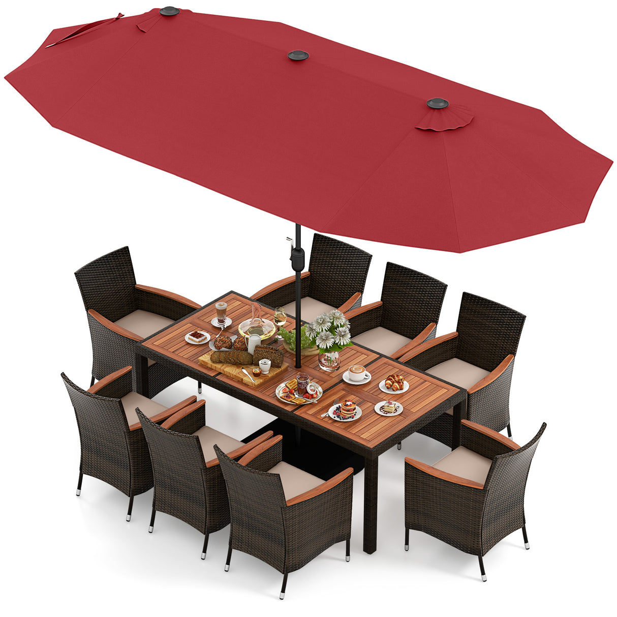 11 Pieces Patio Dining Set with 15 Feet Double-Sided Patio Umbrella and Base