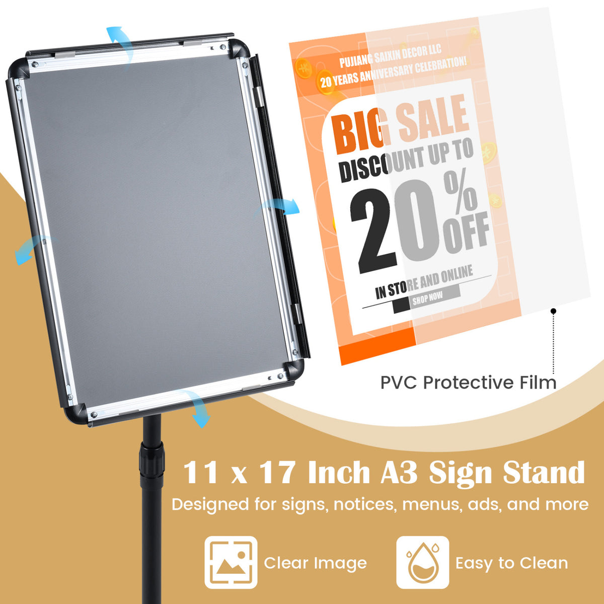11 x 17 Inch Height Adjustable Sign Holder Stand with Snap-Open Frame