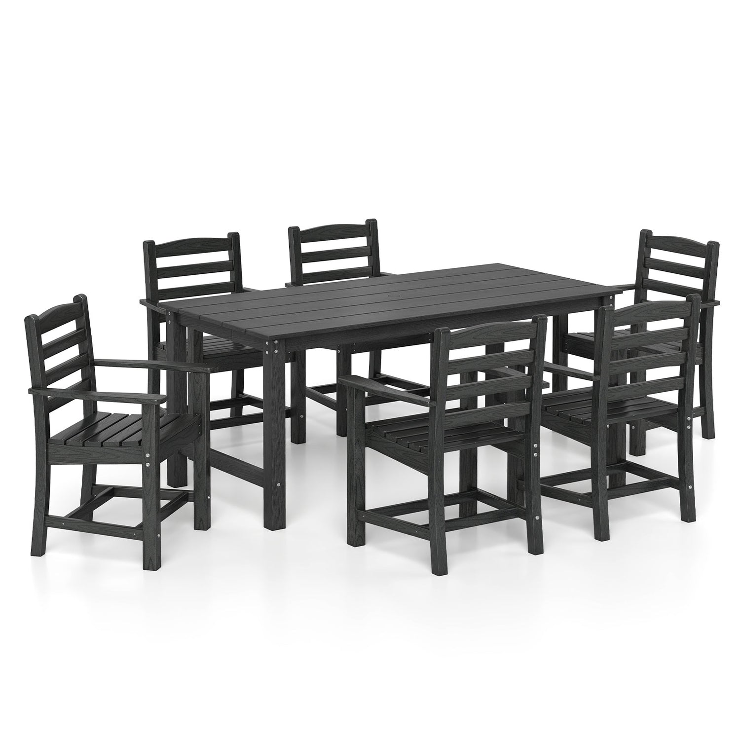 7 Pieces Outdoor Dining Table Set for 6 People 67" HDPE Patio Rectangle Table and 6 Armchairs-Black