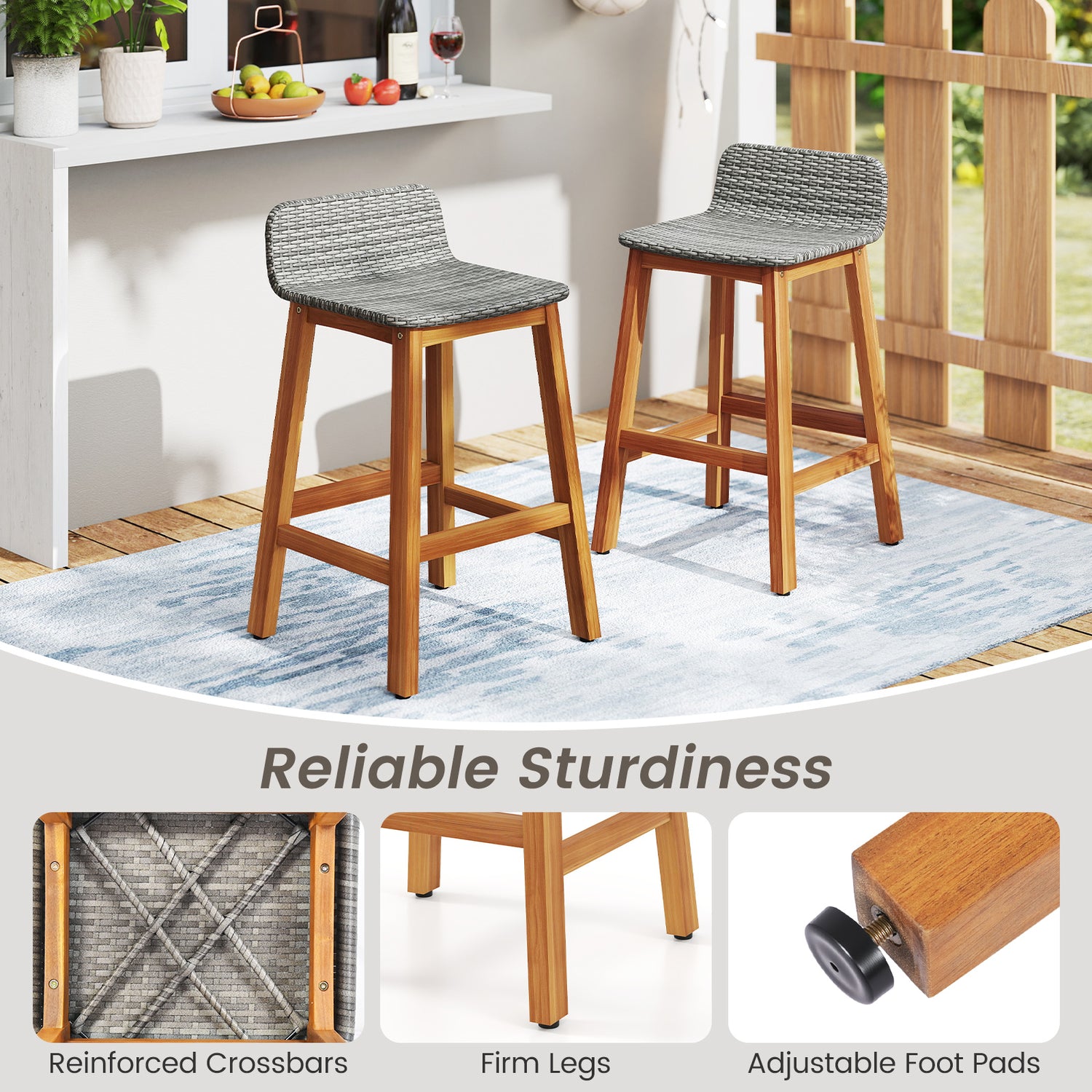 Solid Acacia Wood Bar Stools Set of 2 with Backrests and Footrests for Porch