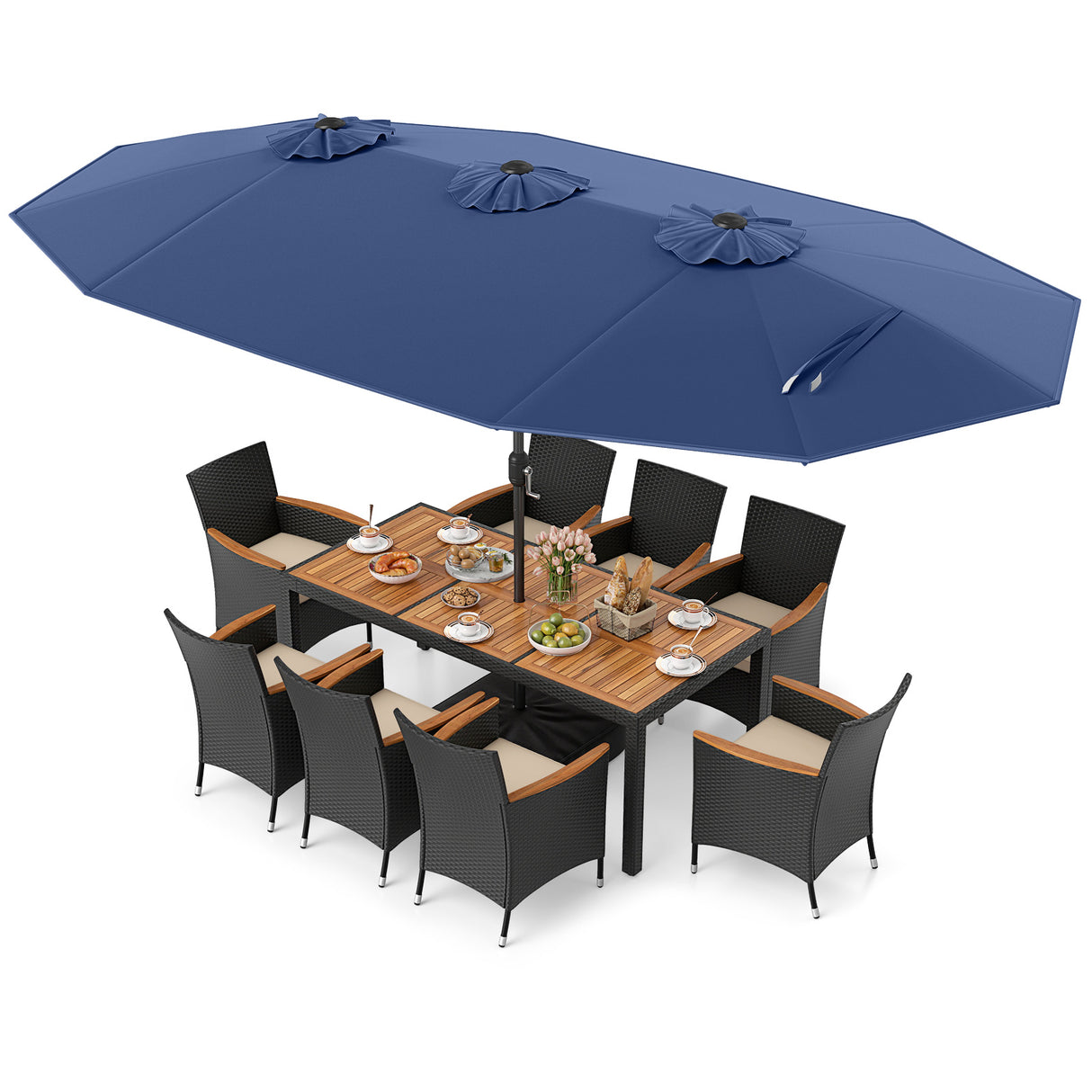 10 Piece Outdoor Dining Set with 15 Feet Double-Sided Twin Umbrella