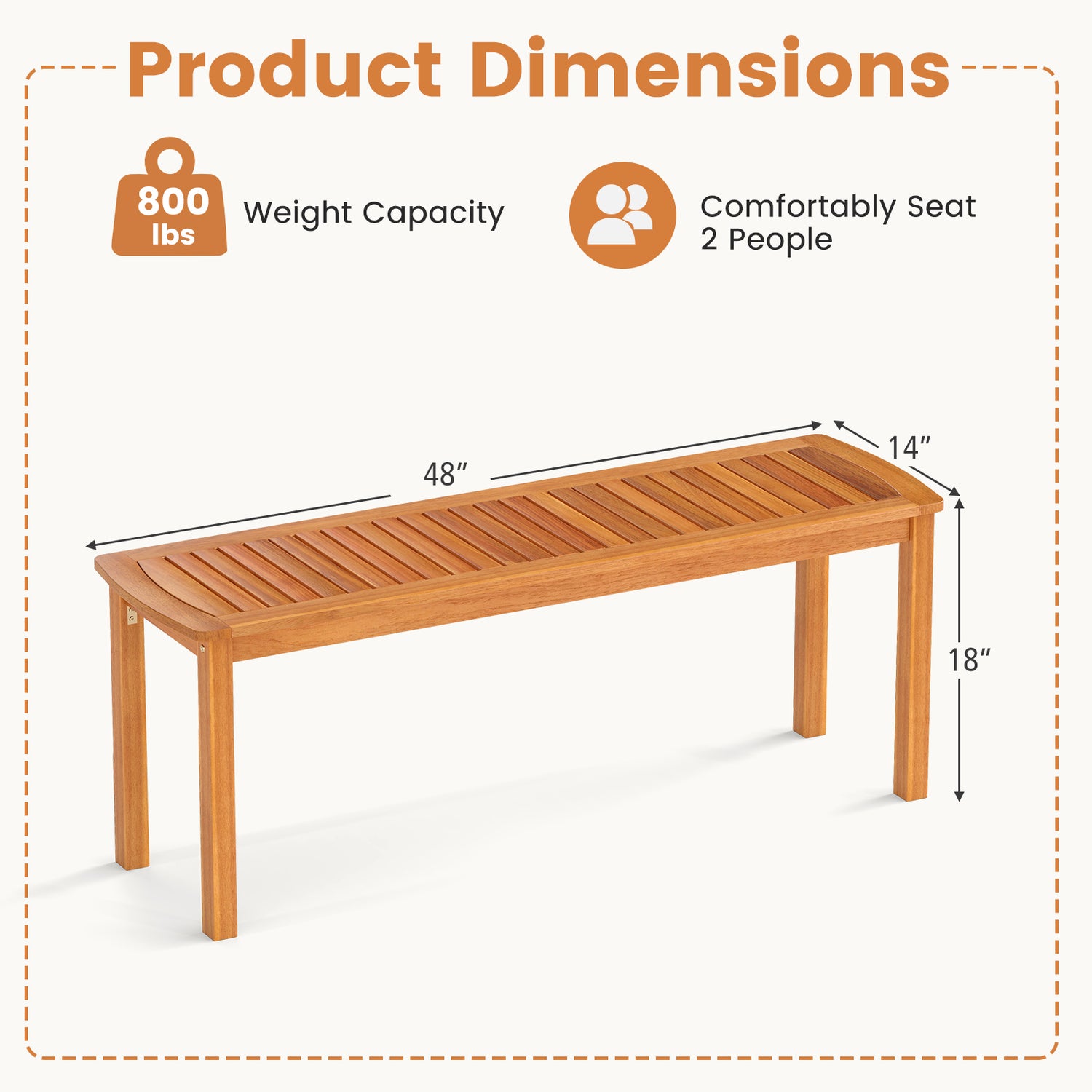 Acacia wood outdoor bench with slatted seat for garden