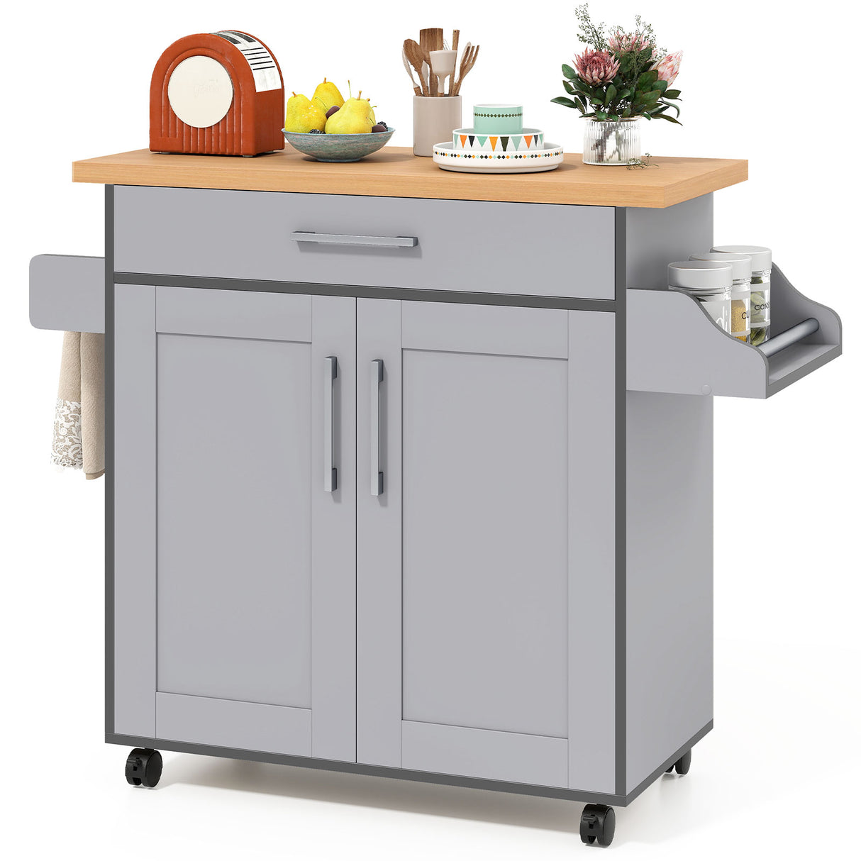 Rolling Kitchen Island Cart with Towel and Spice Rack