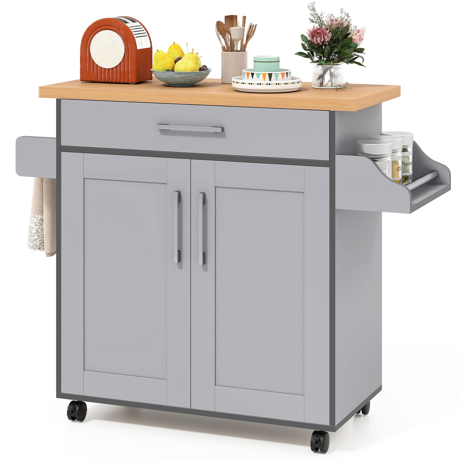 Rolling Kitchen Island Cart with Towel and Spice Rack