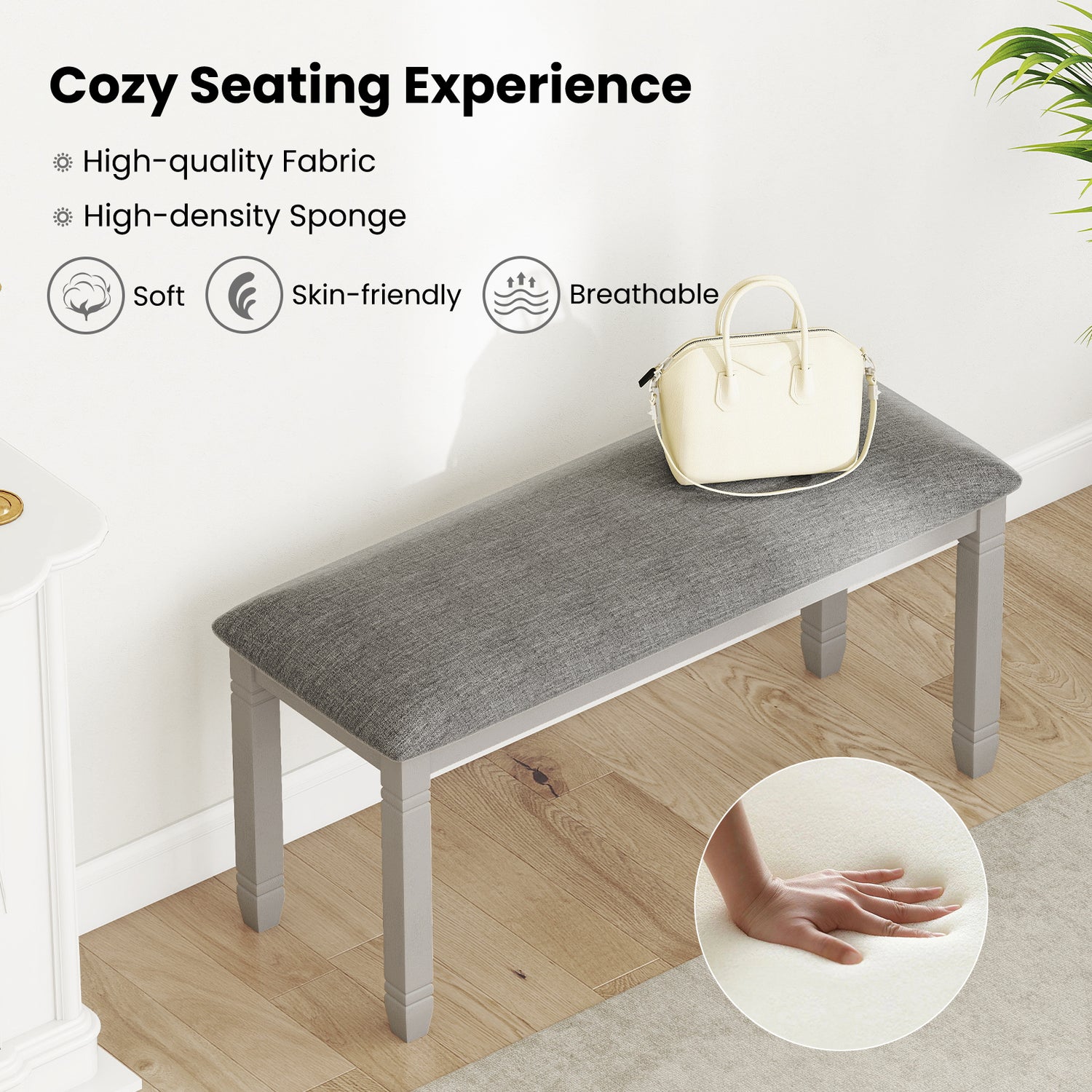 Upholstered Bedroom Bench with Padded Seat and Solid Wood Legs-Gray
