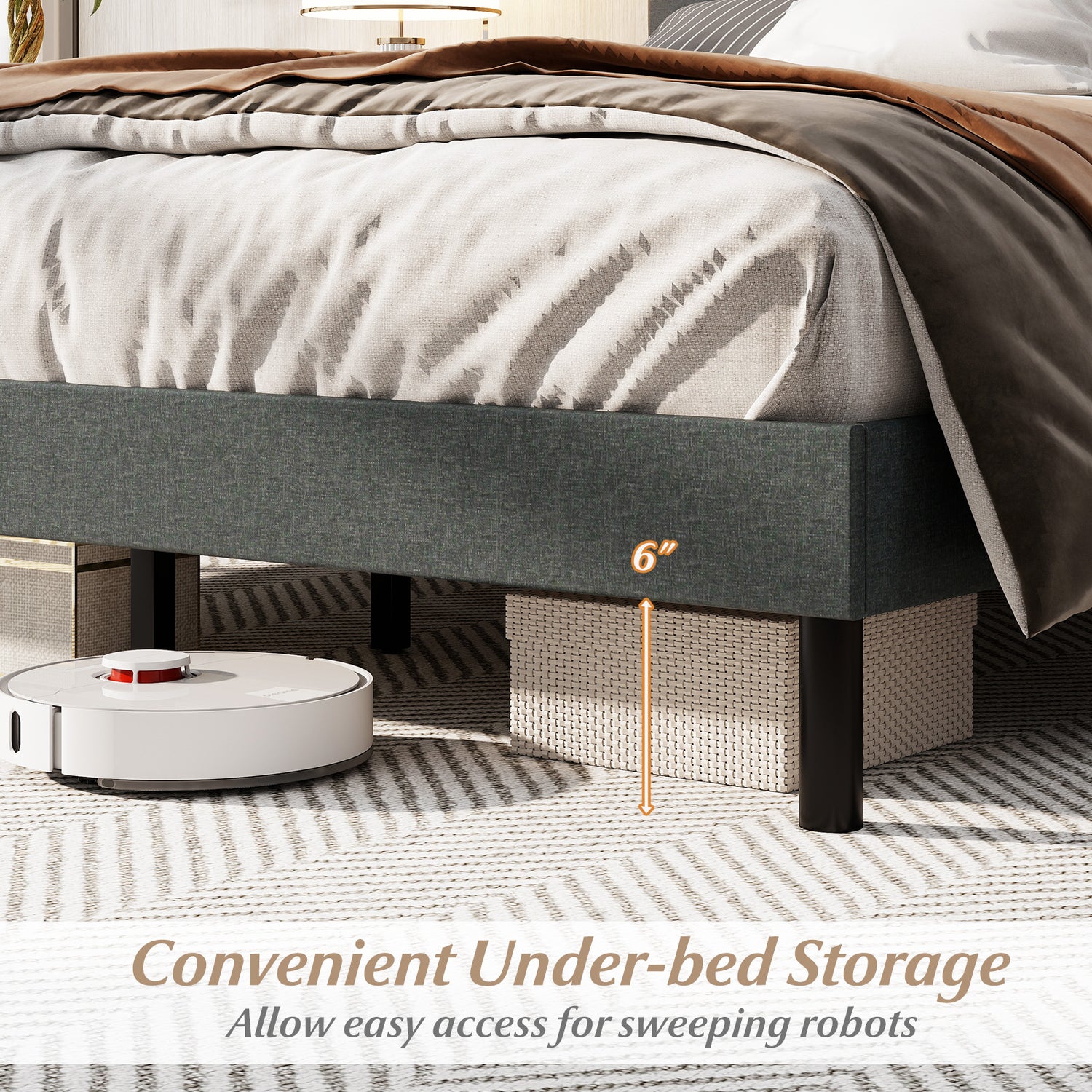 Queen Size Upholstered Bed Frame Linen Platform Bed-Dark Gray