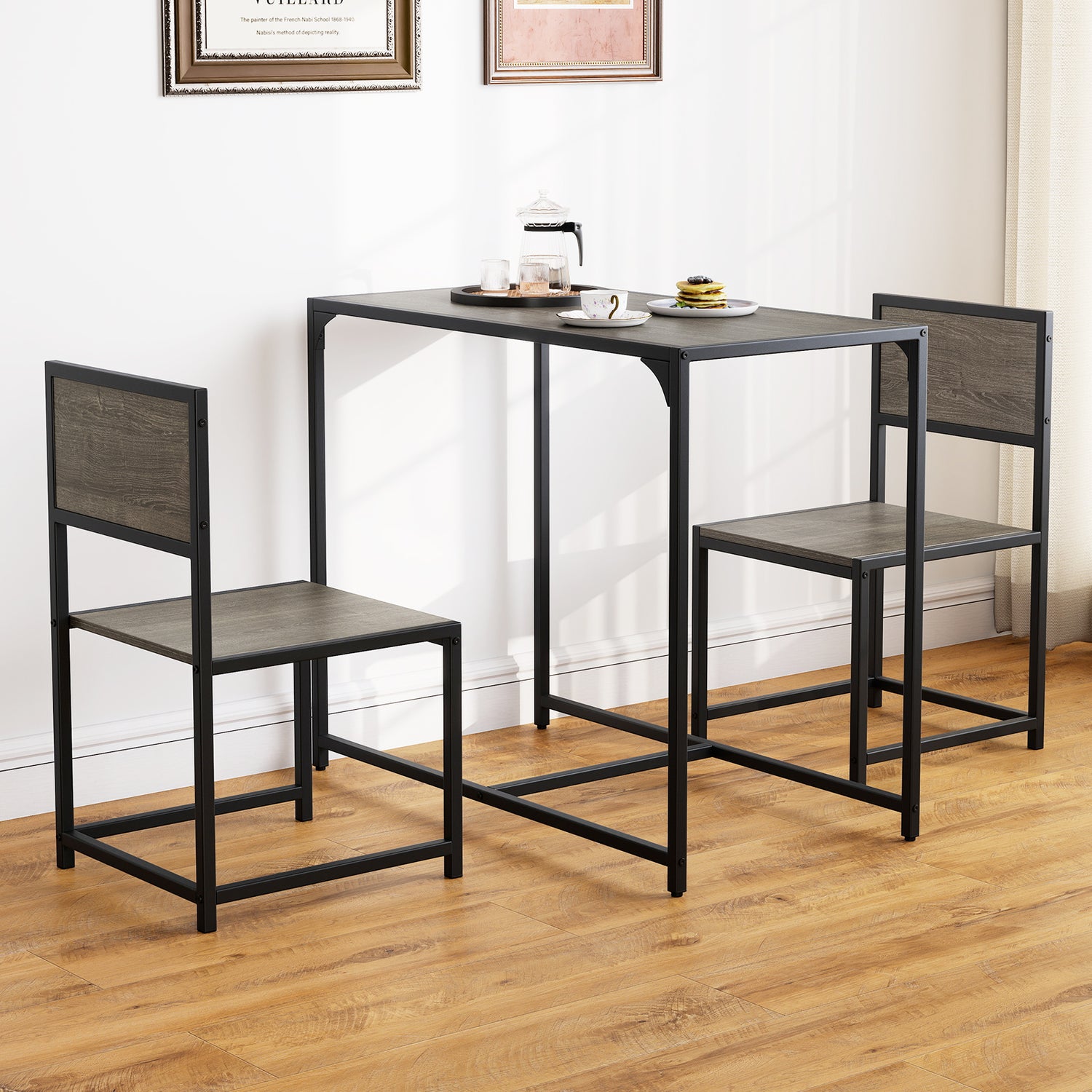 3 Pcs Dining Set Compact Table and 2 Chair with Metal Frame for for Small Space