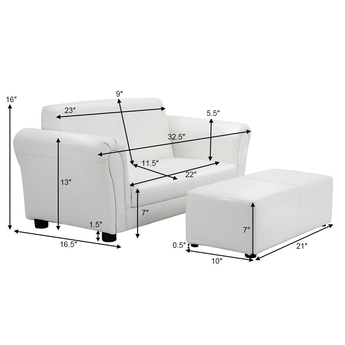 Black/White Kids Double Sofa with Ottoman