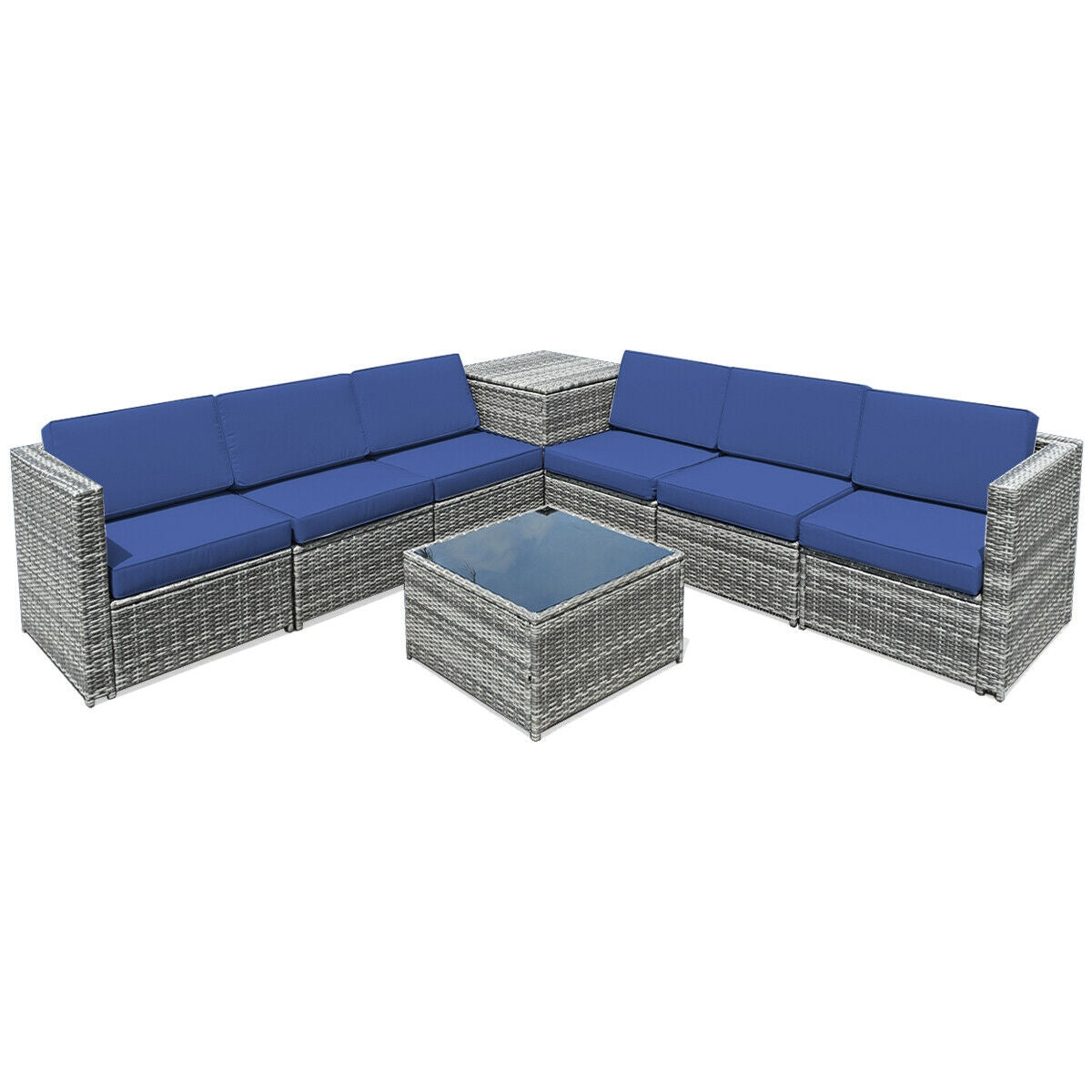 8 Piece Wicker Sofa Rattan Dinning Set Patio Furniture with Storage Table