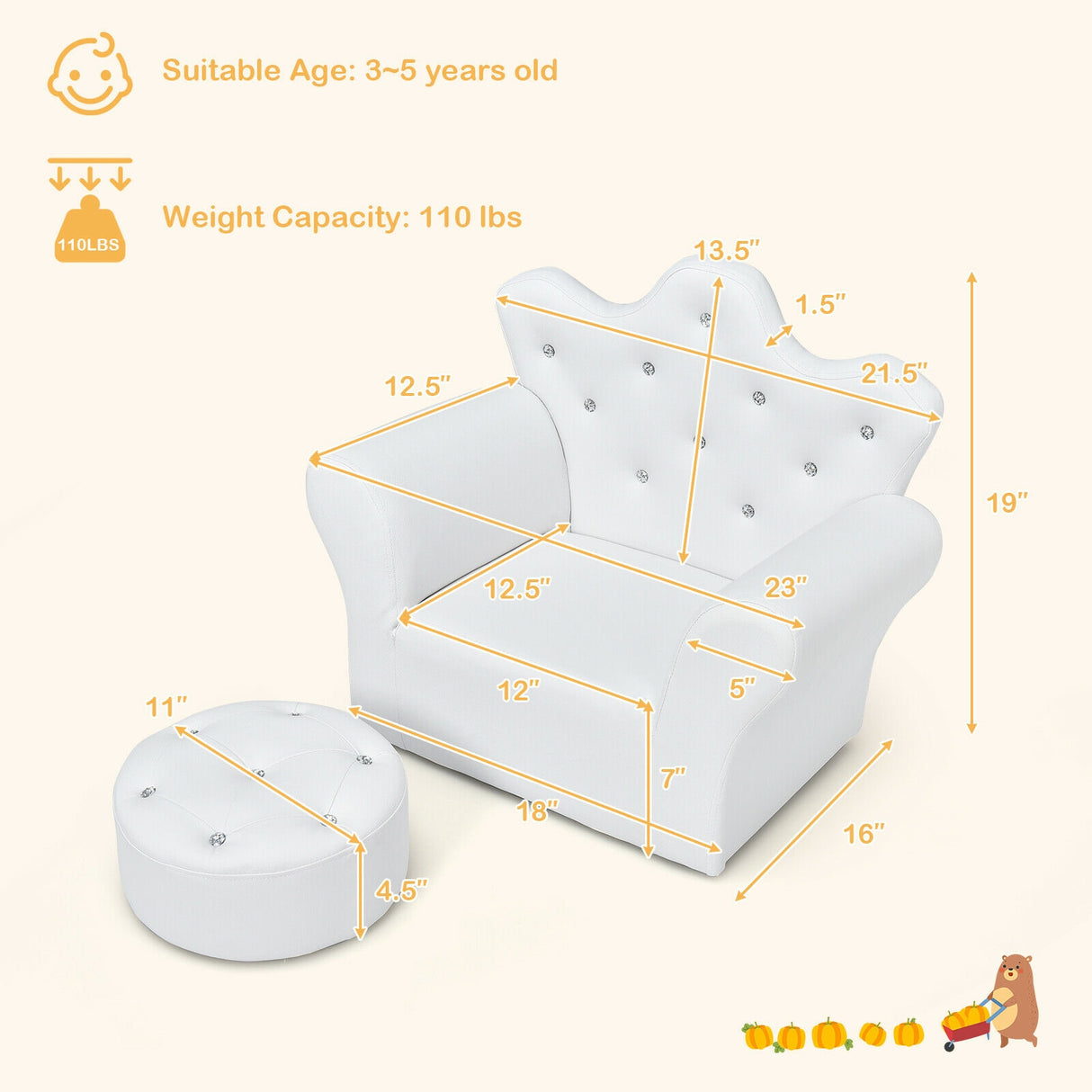 Pink Kids Sofa Armrest Couch with Ottoman