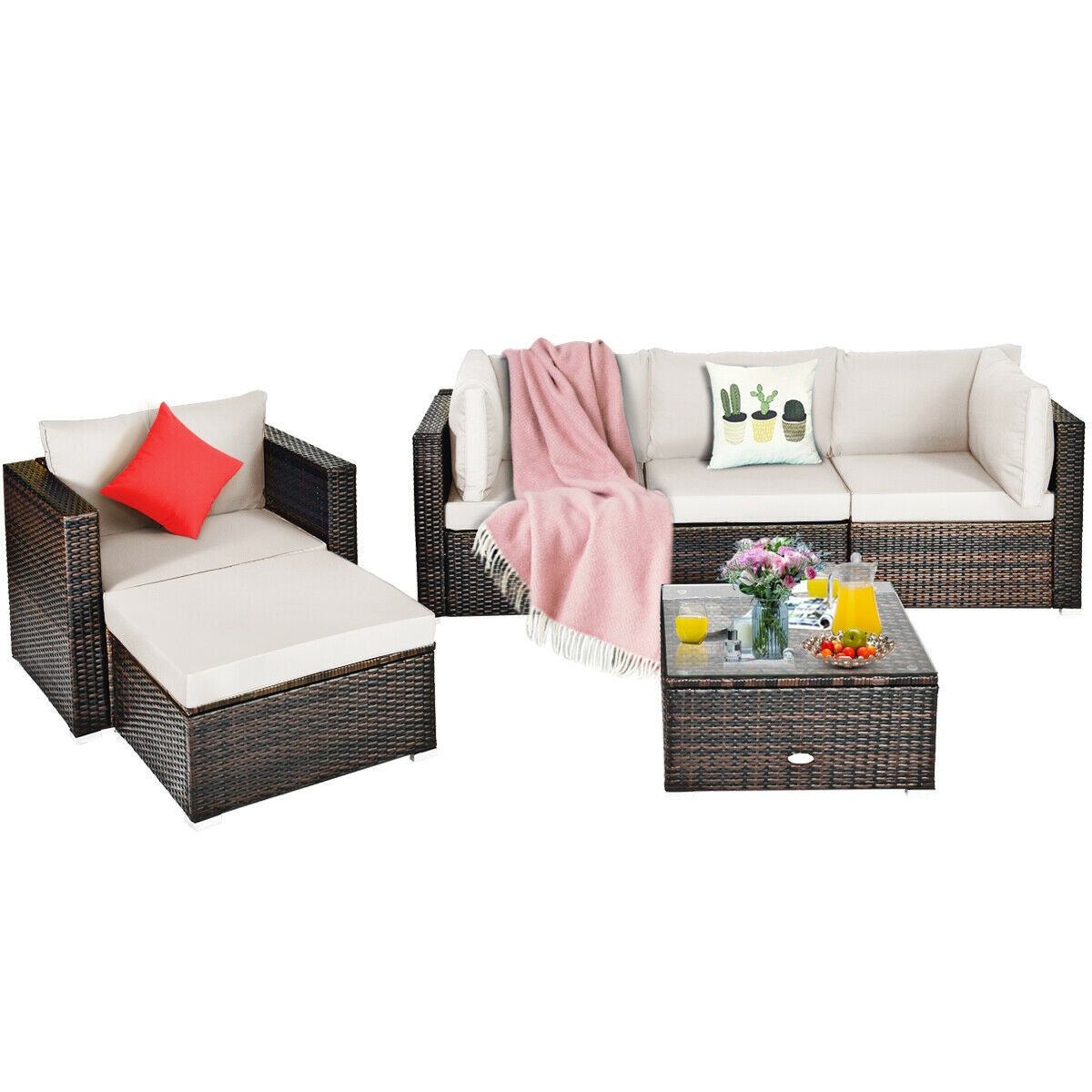 6 Pcs Patio Rattan Furniture Set with Sectional Cushion