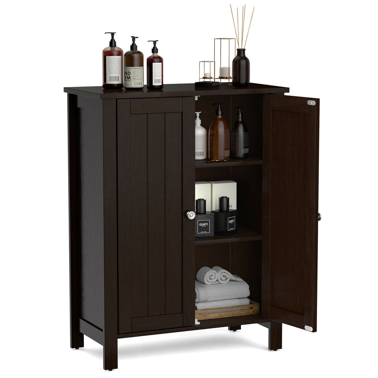 2-Door Bathroom Floor Storage Cabinet with Adjustable Shelf