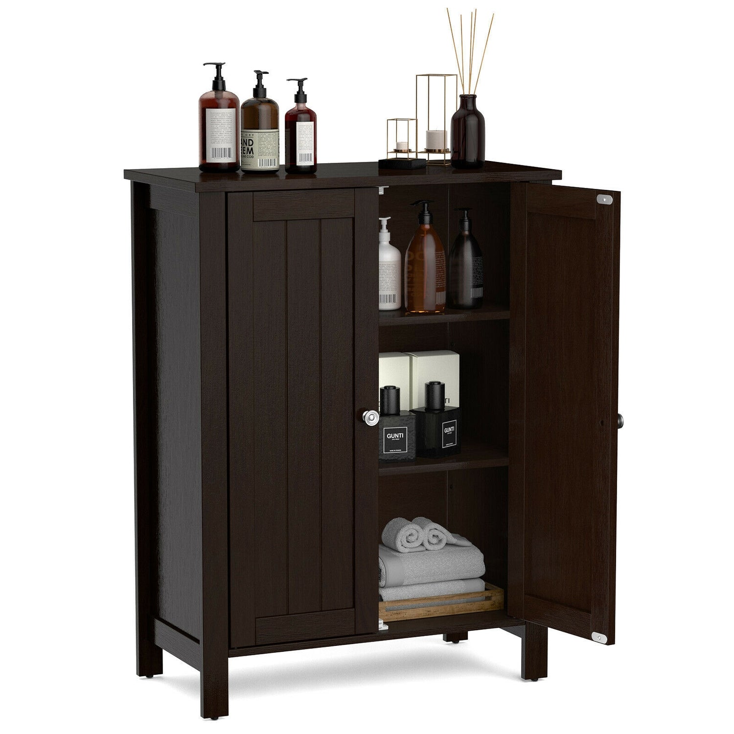 2-Door Bathroom Floor Storage Cabinet with Adjustable Shelf