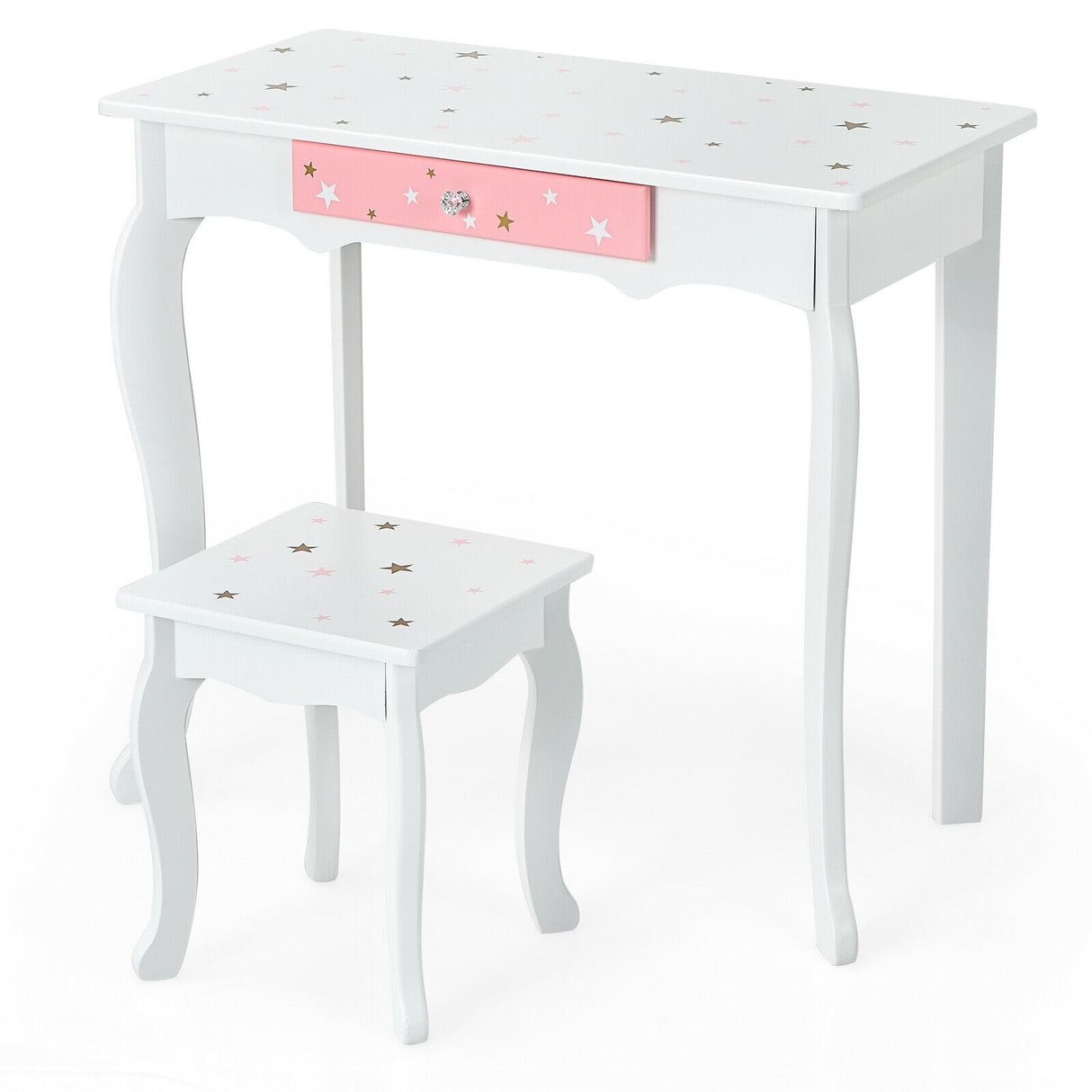 Kids Princess Vanity Table and Stool Set with Tri-folding Mirror and Drawer