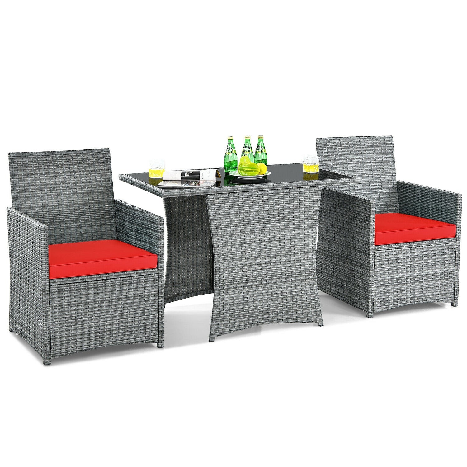 3 Pieces Patio Rattan Furniture Set with Cushioned Armrest Sofa